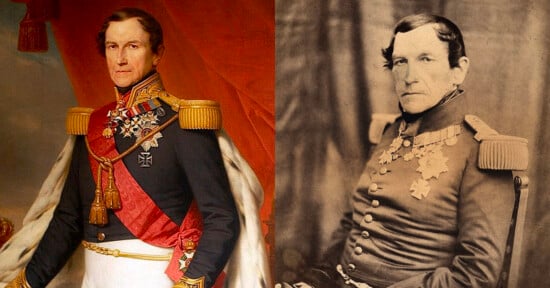 A side-by-side comparison of a painted portrait and a sepia-toned photograph of the same military officer in decorated uniform with medals and shoulder epaulettes.