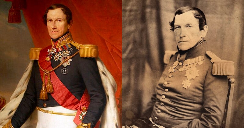 A side-by-side comparison of a painted portrait and a sepia-toned photograph of the same military officer in decorated uniform with medals and shoulder epaulettes.
