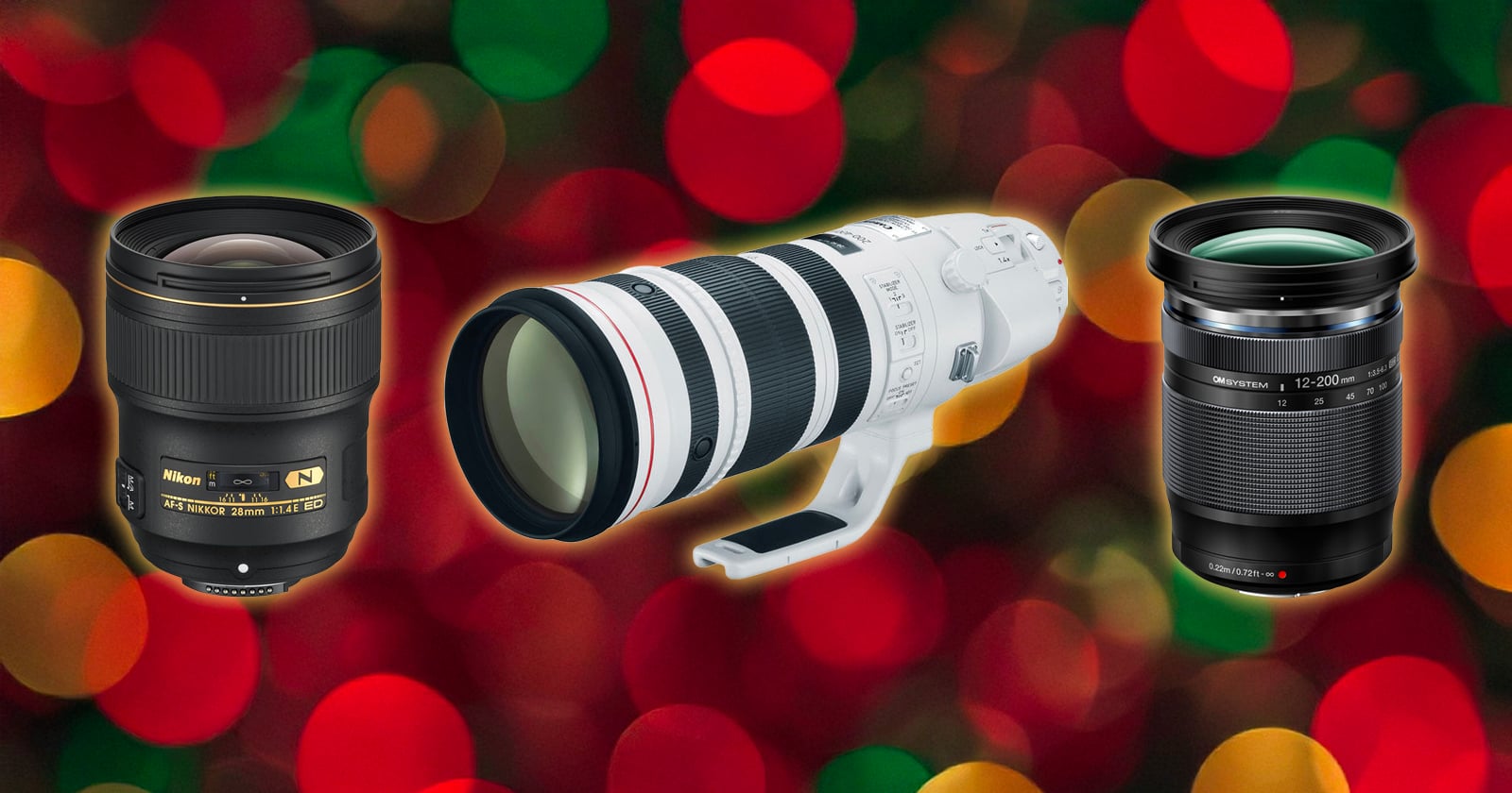 Three camera lenses are displayed against a background of red and green bokeh lights. The lenses are of different sizes and brands, positioned side by side horizontally.