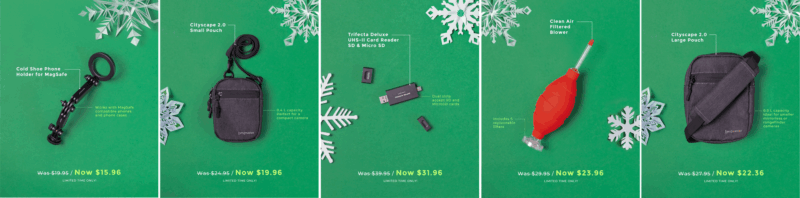 A holiday-themed product ad features five photography accessories on a teal background with white paper snowflakes, including a phone holder, two pouches, a card reader, and a red air blower, each labeled with their price and discount.