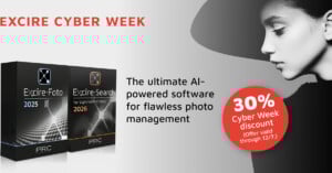 Promotional banner for Excire Cyber Week, featuring Excire-Foto and Excire-Search software boxes, a grayscale profile of a woman, and a red badge announcing a 30% discount valid through 12/7.
