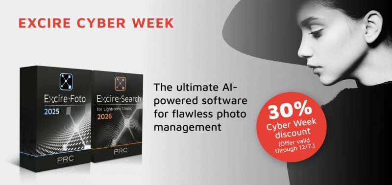 Banner promocional de Excire Cyber ​​​​Week con cajas de software Excire-Foto y Excire-Search, silueta en escala de grises de una mujer y una insignia roja que anuncia un descuento del 30% válido hasta el 7 de diciembre.