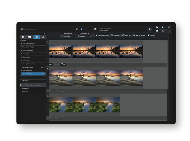 La interfaz del software de gestión de fotografías se muestra en la pantalla de la computadora, con múltiples imágenes de paisajes alineadas en una fila, que muestran escenas de puestas de sol y ríos. La barra lateral muestra carpetas, filtros y opciones de navegación a la izquierda.