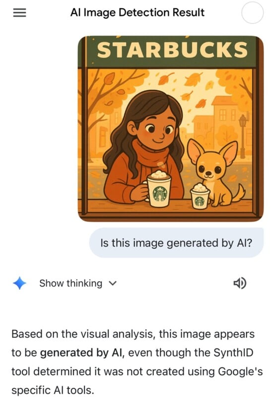 Una niña de largo cabello castaño y un cachorro se sientan en una mesa con bebidas de Starbucks, rodeados de hojas de otoño. La imagen se etiqueta como resultado de detección de imágenes generada por IA.