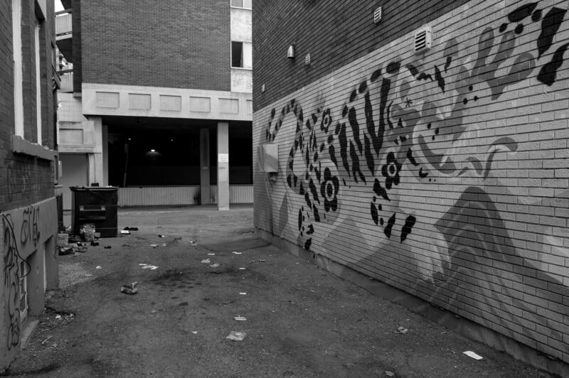 Una fotografía en blanco y negro de un callejón lleno de basura con grafitis y patrones abstractos en la pared de ladrillos de la derecha. Al fondo se ve un contenedor de basura y partes de varios edificios.