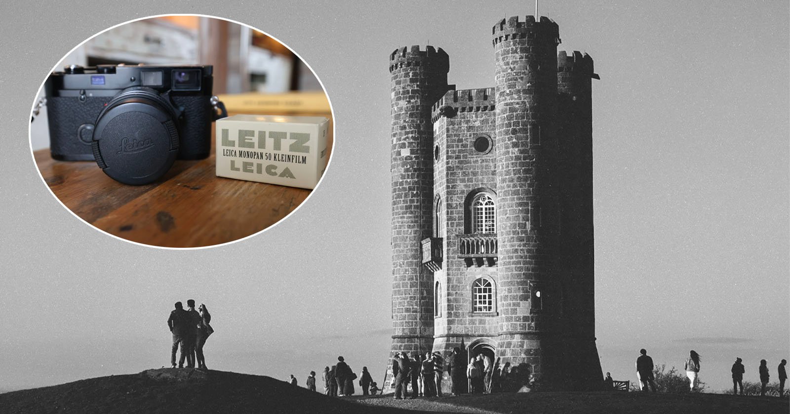 Black-and-white photo of a castle-like tower with people gathered around it; inset shows a close-up of a Leica camera and a Leitz box on a wooden surface.