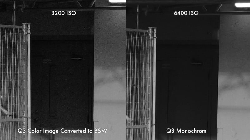 Comparación lado a lado de dos fotografías en blanco y negro: marcada a la izquierda "3200ISO," marca derecha "6400ISO." La imagen de la izquierda es una imagen en color convertida a una imagen en blanco y negro; la imagen de la derecha es una imagen monocromática. Ambos muestran puertas oscuras y vallas metálicas.