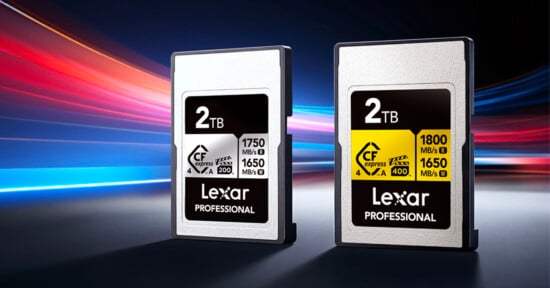 Two Lexar Professional CFexpress memory cards, each with 2TB capacity, are shown side by side against a colorful blurred background, highlighting their speed ratings and storage capabilities.