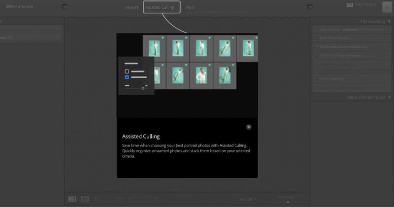 Screenshot of a photo editing application showing the “Assisted Culling” feature. A pop-up explains how to quickly sort portrait photos by examining and grouping them based on selected criteria.