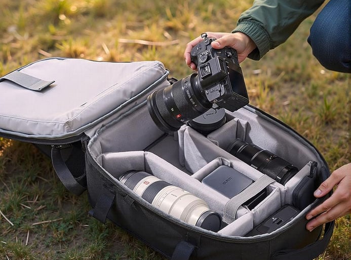 A person holds a camera above an open padded camera bag filled with camera lenses and photography equipment, placed on grass outdoors.