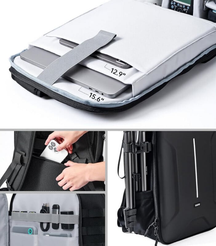 A backpack with multiple compartments: one holds two laptops (15.6" and 12.9"), another has organized slots for accessories, and side straps secure a tripod. A person slides a controller into a rear pocket.