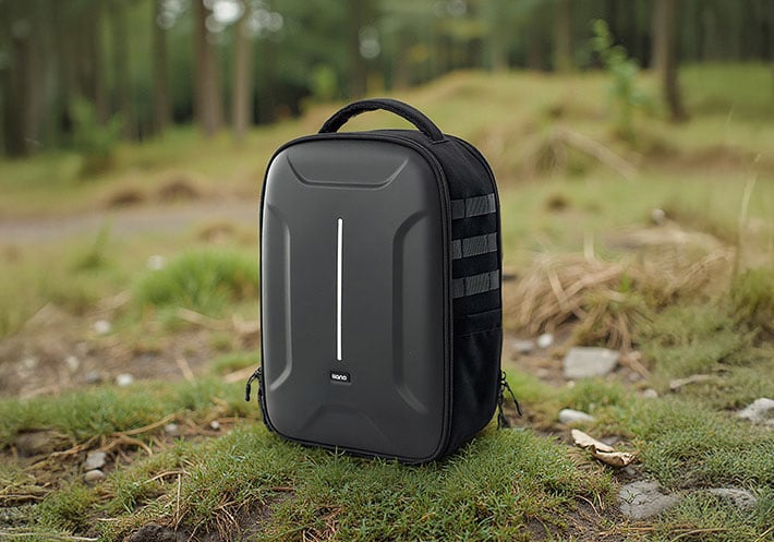 A black, hardshell backpack with a carrying handle sits on grassy ground in a forested area, with trees and a dirt path visible in the blurred background.