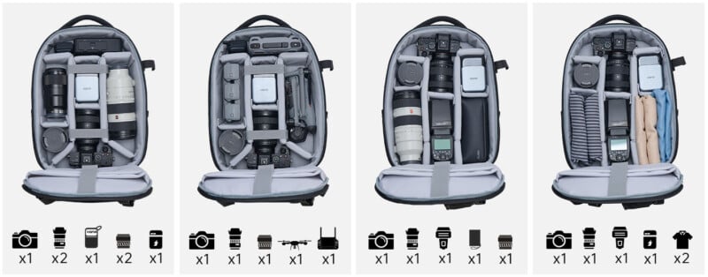 Four camera bags are shown from above, each containing various camera bodies, lenses, accessories, and personal items, with icons below each bag representing the quantity and type of gear or clothing stored inside.