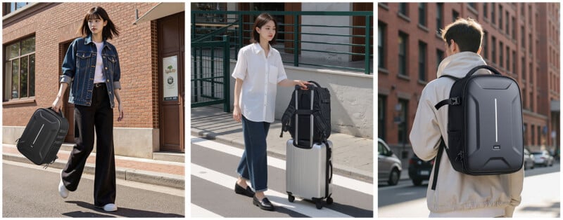 Three people in urban settings carry or wear a sleek, modern black backpack; one holds it by the handle, another places it on a rolling suitcase, and the third wears it on their back while walking.