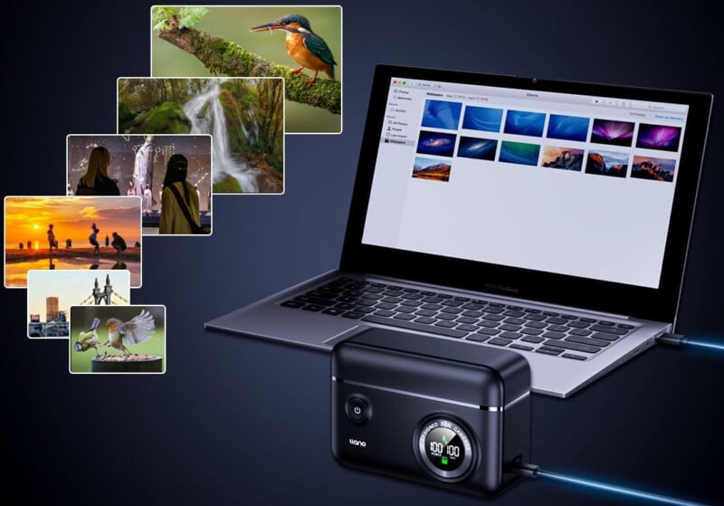 A laptop displaying photos is connected to a compact external storage device. Several images, including landscapes, birds, and people, appear to transfer from the laptop to the device on a dark background.