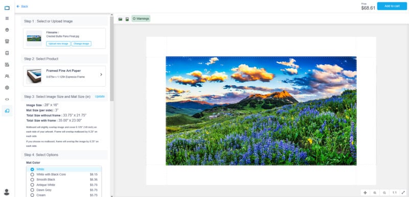 Screenshot of an online print order page showing a landscape photo of a mountain with wildflowers. Options on the left include image upload, print size, and mat color selections. Price is displayed at the top right.