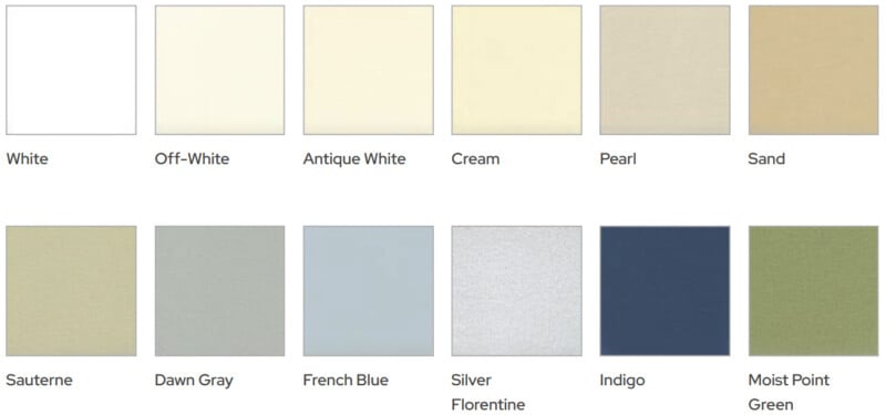 A grid of twelve color swatches labeled: White, Off-White, Antique White, Cream, Pearl, Sand, Sauterne, Dawn Gray, French Blue, Silver Florentine, Indigo, and Moist Point Green.