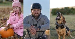 A collage of three images: a smiling young girl in a pink coat and hat playing with leaves near a pumpkin, a man wearing a helmet and hoodie sitting on a BMX bike, and a brown and black dog chewing on a stick outside.