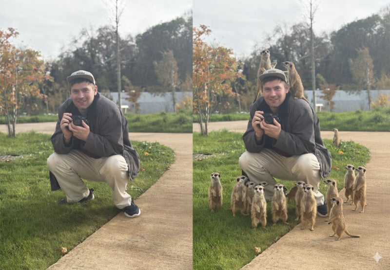 Un hombre se agacha al aire libre y sonríe a la cámara. En la foto de la izquierda está solo. En la imagen de la derecha, está rodeado por un grupo de suricatas, dos de ellas sobre sus hombros y varias más a sus pies.
