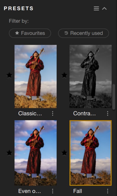 A photo editing software shows four filter presets applied to the same image of a person in a red robe holding a musical instrument outdoors. The presets are titled Classic, Contrasty, Even, and Fall.