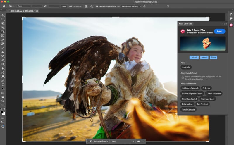 A person in traditional attire holds a large bird of prey, likely an eagle, outdoors in a field. The Adobe Photoshop interface and Nik Collection plugin window are visible on the screen.