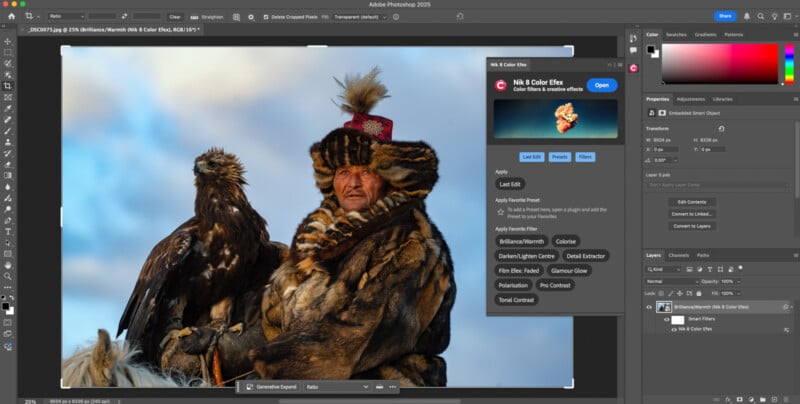 A screenshot of Adobe Photoshop shows an image of a fur-clad person wearing a feathered hat holding a large bird of prey. Editing panels and color effect options are visible on the right side of the screen.