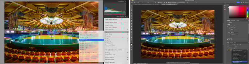 Side-by-side screens show an arena interior on both a photo editing software and a file browser. The browser highlights “Edit in Photoshop” while Photoshop displays editing tools and the same colorful arena image.