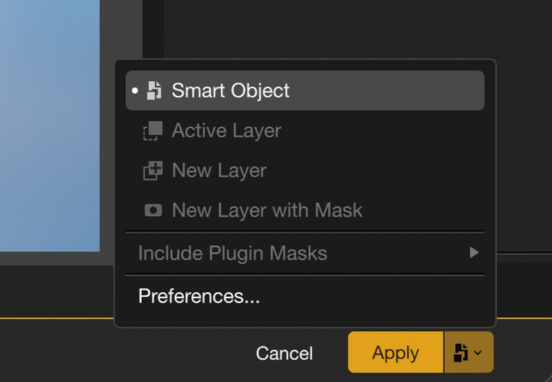 A screenshot of a photo editing software menu showing "Smart Object" selected, with options "Active Layer," "New Layer," and "New Layer with Mask" grayed out. At the bottom are "Cancel" and "Apply" buttons.