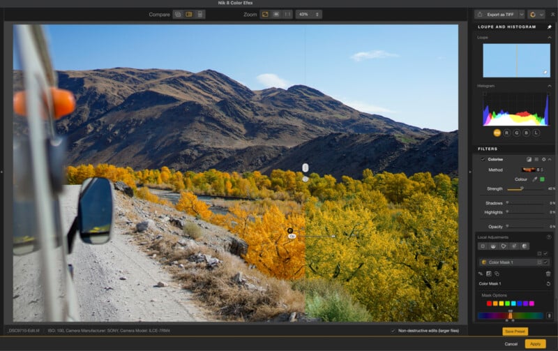 A photo editing software interface shows a mountain landscape with autumn trees. The left side features a blurry car mirror and door, while the center highlights vivid yellow and green foliage under a blue sky. Editing tools are visible on the right.