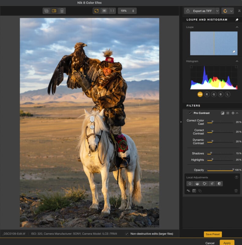 A person in traditional attire holds a large bird of prey on their arm while sitting on a white horse in a vast, open landscape with mountains in the background. Editing controls are visible on the right side of the screen.