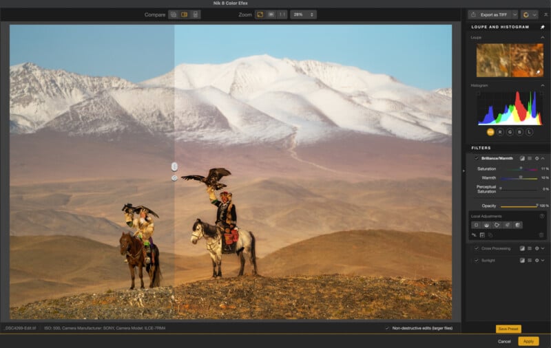 Photo editing software shows two people on horseback with eagles in a vast, mountainous landscape. The image is split; the left side is less vibrant, while the right side is brighter with richer colors after editing.