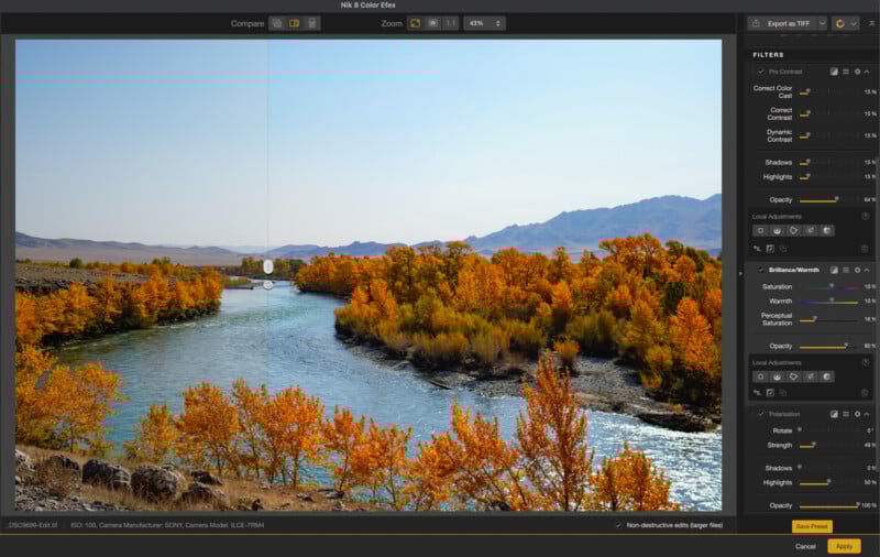 A photo editing software interface shows an autumn river landscape. The image is split down the middle, comparing original and edited versions. Color adjustments and editing tools are visible on the right panel.