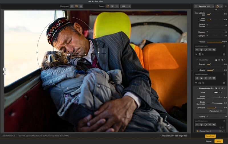 A man in traditional attire sleeps on a bus seat, cradling a bundled baby goat. Sunlight streams in, highlighting their faces. Editing software interface surrounds the image, showing adjustment tools on the right.