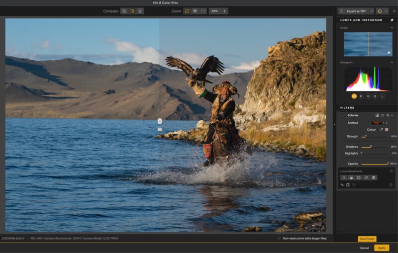 A person in traditional clothing stands in shallow water near rocky hills, holding their arm out as a large bird, likely an eagle, takes flight. Editing software interface is visible around the photo.