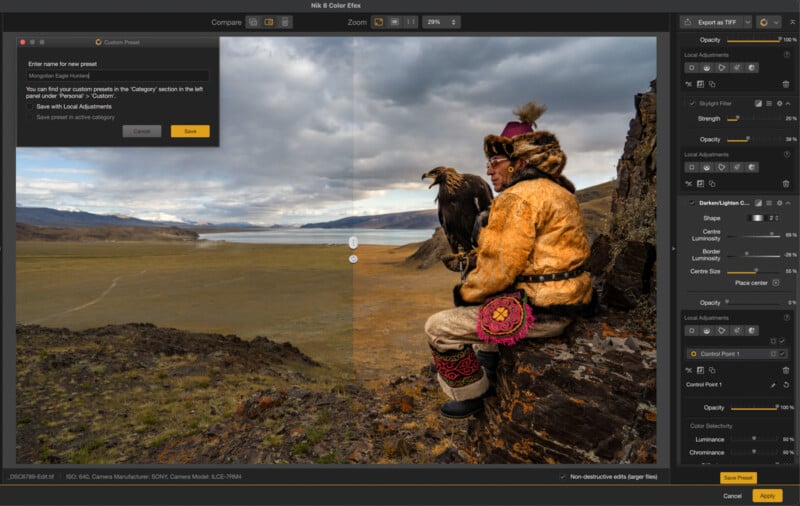 An image editing software window shows a man in traditional fur clothing and hat sitting on a rocky cliff, holding a large eagle, overlooking a wide, cloudy landscape with a lake and mountains in the distance.