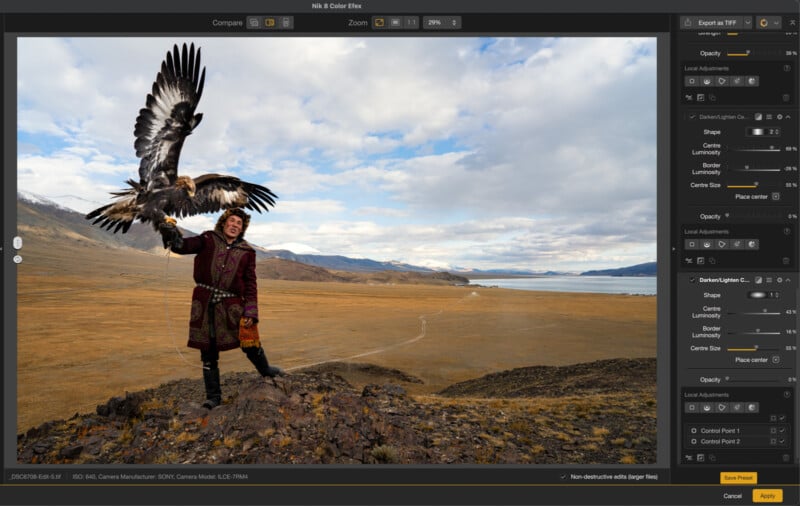 A person in traditional clothing stands on a rocky hilltop, holding a large eagle with outstretched wings. The scene overlooks a wide, open landscape with mountains and a lake in the distance. Editing software interface is visible.
