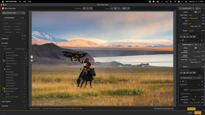 A person on horseback holds out an arm as a large bird, possibly an eagle, flies toward them over a grassy field with mountains, a lake, and a building in the background. The image is open in photo editing software.