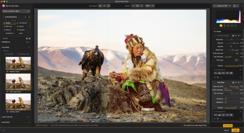 A woman in traditional fur clothing sits on rocky ground with a golden eagle, surrounded by mountains. The image editing software interface shows photo adjustments and filters on both sides of the photo.