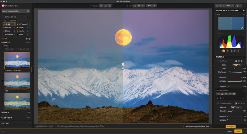 A photo editing software interface shows a landscape image of snowy mountains under a full moon, split down the middle to compare two color edits. Editing tools and histogram panels are visible on the right side of the screen.