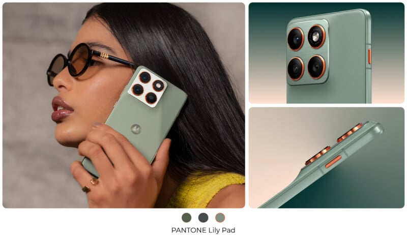 Una mujer con gafas sostiene un teléfono inteligente Motorola verde con un gran módulo de cámara cuadrado. Un primer plano muestra los detalles de la cámara y los botones laterales. El siguiente texto dice: "Hoja de nenúfar Pantone.