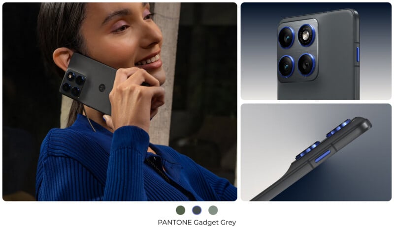 Un hombre sonríe y se acerca un teléfono inteligente gris a la oreja. Las imágenes en primer plano muestran la cámara de triple lente del teléfono, los botones laterales y el elegante diseño en PANTONE Gadget Grey.