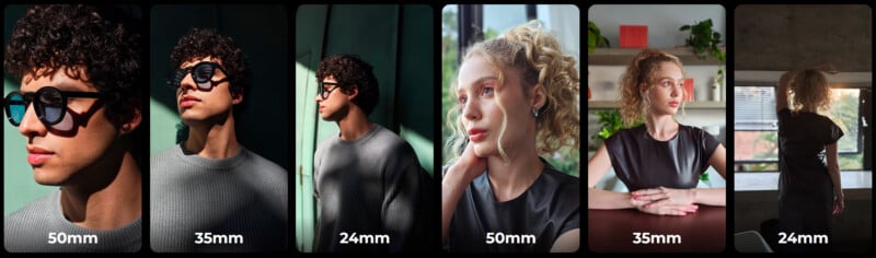 Seis retratos de dos personas, tomados con lentes con distancias focales de 50 mm, 35 mm y 24 mm. Estas imágenes muestran cómo diferentes lentes afectan la forma de la cara y la perspectiva del fondo en escenas interiores brillantes y suavemente iluminadas.