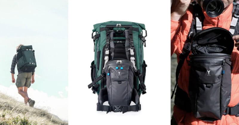 Three images: a person hiking uphill with a green backpack, a close-up of a green and gray modular backpack system, and a person in an orange jacket accessing gear from the backpack's front pocket.