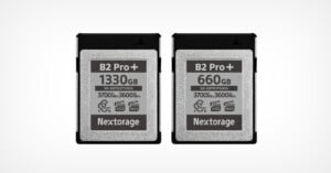 Two Nextorage B2 Pro+ memory cards are shown side by side. The left card has a capacity of 1330GB, and the right card has 660GB. Both display speed ratings of 3700 MB/s read and 3600 MB/s write.