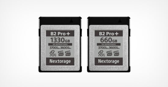 Two Nextorage B2 Pro+ memory cards are shown side by side. The left card has a capacity of 1330GB, and the right card has 660GB. Both display speed ratings of 3700 MB/s read and 3600 MB/s write.