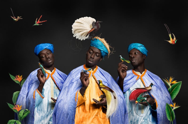 Three men in blue robes and turquoise headwraps stand against a black background, each holding or interacting with colorful, exotic birds and tropical flowers that appear to float or perch around them.