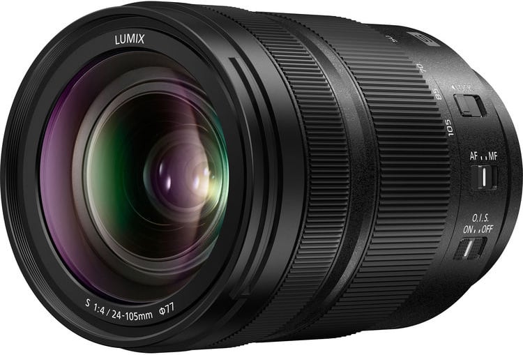 A Panasonic Lumix camera lens with a wide glass front element, various control switches, and detailed text markings including “S 1:4/24-105mm” and “O.I.S. ON/OFF” visible on the lens barrel.