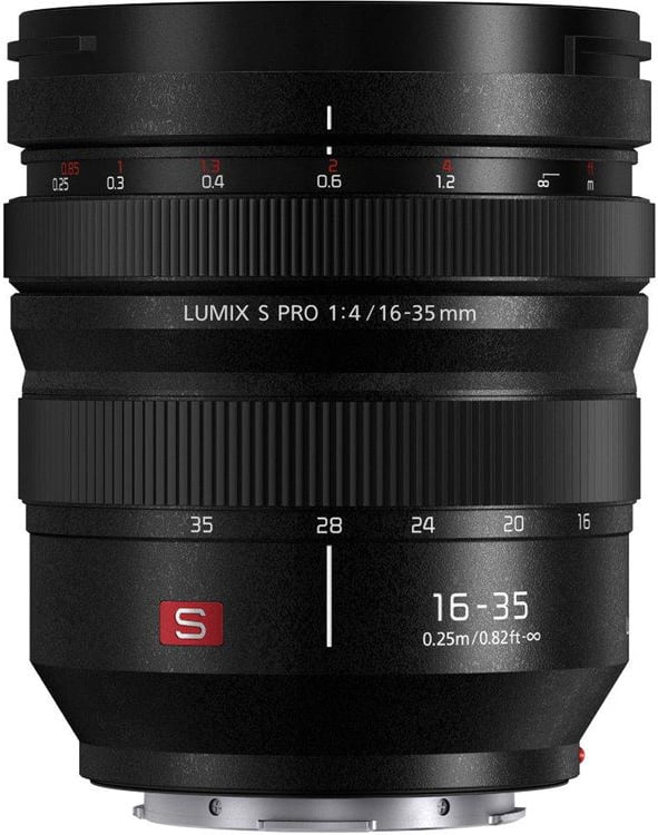 A black Panasonic Lumix S PRO 16-35mm f/4 camera lens with focus and zoom rings, labeled markings, and a red "S" logo, shown against a white background.