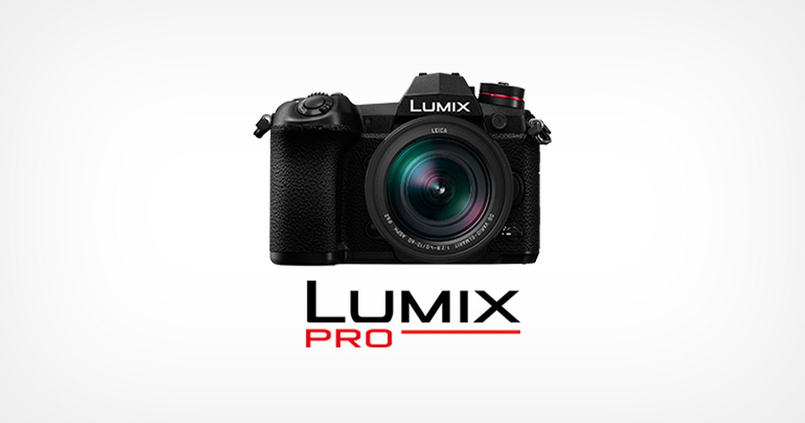 A black Panasonic LUMIX camera with a Leica lens is centered above the words "LUMIX PRO" in bold black and red text on a white background.