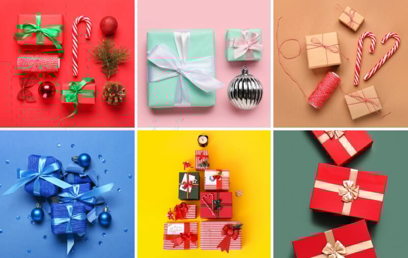 Six sections show festive gift arrangements: top row features gifts and Christmas items on red, pink, and brown backgrounds; bottom row has blue, stacked multicolored, and red gifts on blue, yellow, and green backgrounds.